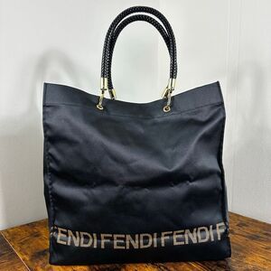 FENDI Nylon Shopping Tote Bag Black Packable Folds Flat Travel With Pouch Large